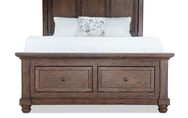 Portland King Brown Storage Platform Bed with traditional style, MDF and oak veneers, dark brown finish, two underbed storage drawers, and panel headboard.