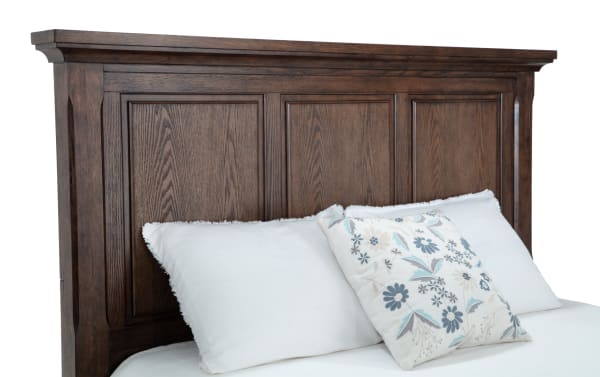 Traditional Portland King Brown Storage Platform Bed with dark oak veneer MDF headboard, featuring classic panel design and underbed storage drawers.