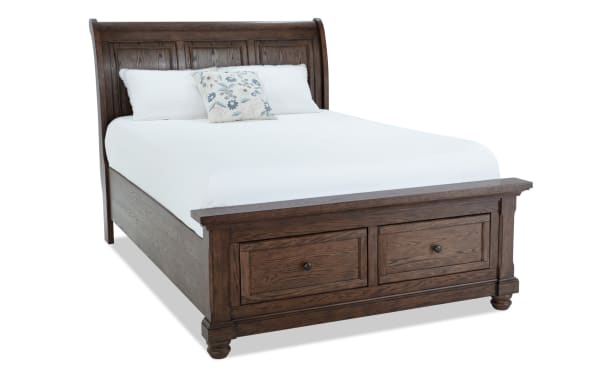 Portland Queen Brown Storage Sleigh Bed in traditional style with MDF and oak veneers, featuring a dark wood finish and two underbed storage drawers.