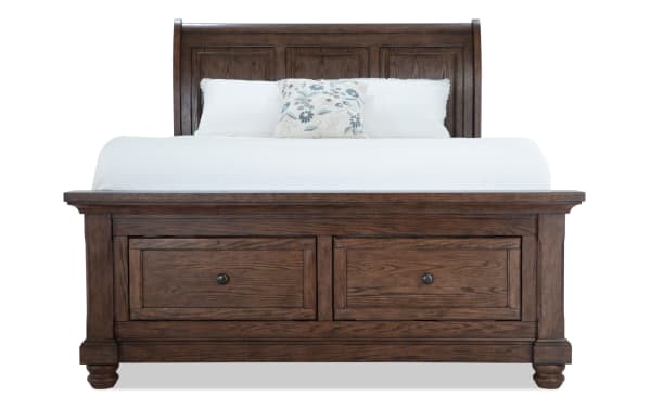 Portland Queen Brown Storage Sleigh Bed with traditional design, MDF and oak veneers, featuring two underbed storage drawers and a stately sleigh headboard.