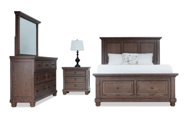 Traditional Portland 4 Piece Queen Brown Storage Platform Bedroom Set with MDF and oak veneers, featuring a panel bed with underbed drawers, dresser with mirror, and nightstand with LED lighting, power outlets, and USB-C ports.