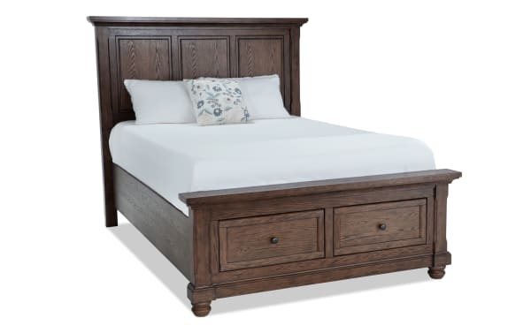 Traditional Portland 4 Piece Queen Brown Storage Platform Bed with oak veneer, MDF, panel headboard, and two underbed storage drawers.