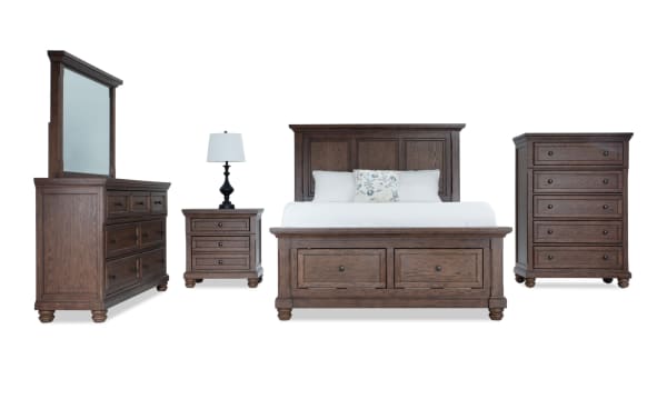 Portland 5 Piece Queen Brown Storage Platform Bedroom Set in traditional style, MDF and oak veneers, includes panel bed with underbed drawers, dresser with mirror, nightstand with hidden storage, and chest with lift-top jewelry tray, featuring cedar- and felt-lined drawers, built-in USB/USB-C ports, motion-activated LED lighting, power outlets, from Portland Bedroom collection.