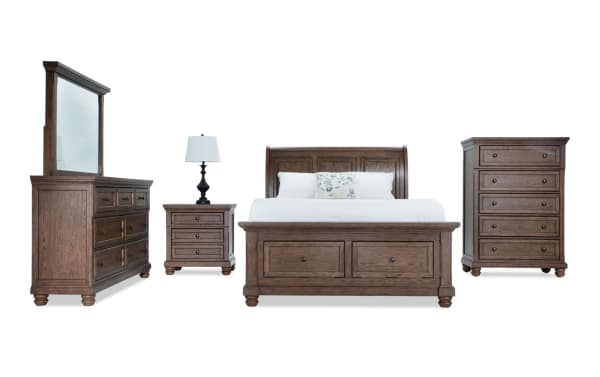 Portland 5 Piece Queen Brown Storage Sleigh Bedroom Set with traditional style, MDF and oak veneers, featuring sleigh bed with underbed drawers, cedar-lined and felt-lined storage, dresser with mirror, chest with lift-top jewelry tray, nightstand with hidden storage, motion-activated LED lighting, power outlets, and built-in USB/USB-C ports.