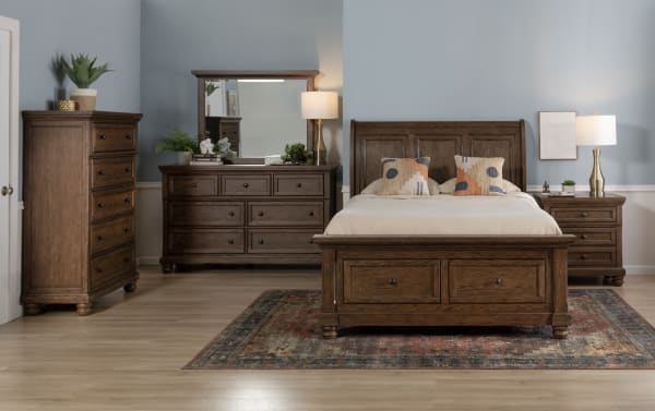 Traditional Portland 5 Piece Queen Brown Storage Sleigh Bedroom Set with MDF, oak veneers, underbed drawers, cedar-lined and felt-lined storage, motion-activated LED lighting, power outlets, USB/USB-C ports, and lift-top jewelry tray.