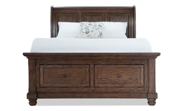 Traditional Portland 5 Piece Queen Brown Storage Sleigh Bed with oak veneer, MDF, and two underbed storage drawers for extra blankets and pillows.
