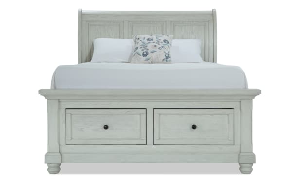 Portland Queen White Storage Sleigh Bed in traditional style with MDF and oak veneers, featuring two underbed storage drawers and a stately sleigh headboard.