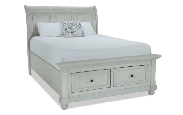 Portland Queen White Storage Sleigh Bed in traditional style with MDF and oak veneers, featuring two underbed storage drawers and a curved headboard.