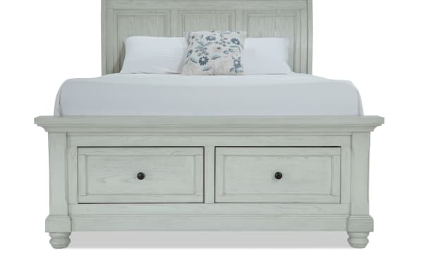Portland Queen White Storage Sleigh Bed with traditional style, MDF and oak veneers, featuring two underbed storage drawers and a stately sleigh silhouette.