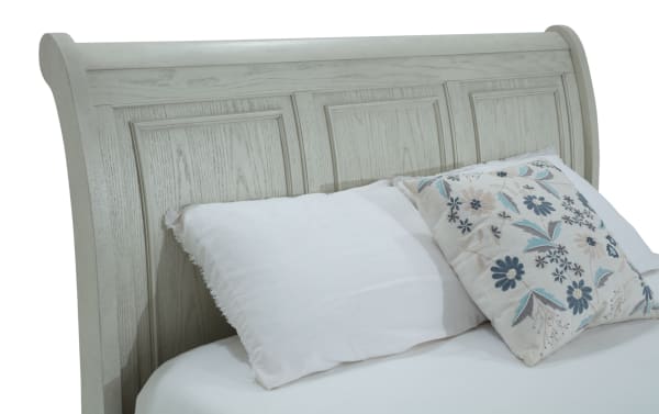 Portland Queen White Storage Sleigh Bed with traditional curved headboard, MDF and oak veneer construction, featuring two underbed storage drawers.