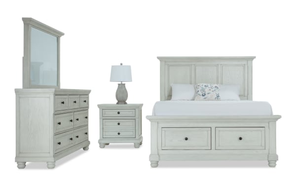 Traditional Portland 4 Piece King White Storage Platform Bedroom Set with MDF, oak veneers, panel bed, dresser with mirror, nightstand, and underbed drawers.