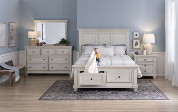 Traditional Portland 4 Piece King White Storage Platform Bedroom Set with MDF, oak veneers, panel bed with two cedar-lined drawers, dresser, mirror, and nightstand featuring felt-lined drawers, hidden storage, pull-out tray, motion-activated LED lighting, power outlets, and built-in USB/USB-C ports.