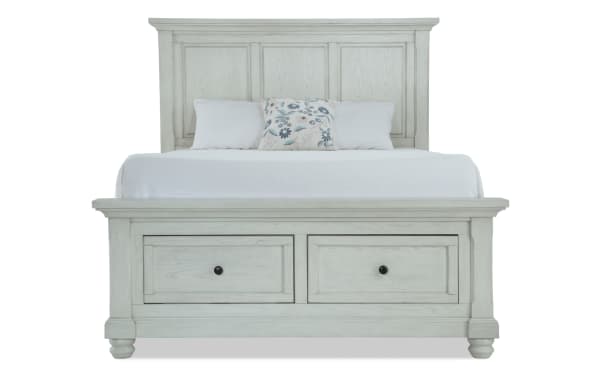 Traditional Portland 4 Piece King White Storage Platform Bedroom Set with MDF, oak veneers, panel bed, and underbed storage drawers.