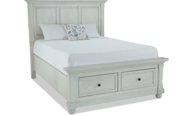 Traditional Portland 4 Piece King White Storage Platform Bed with MDF and oak veneers, featuring two underbed drawers and a stately panel design.