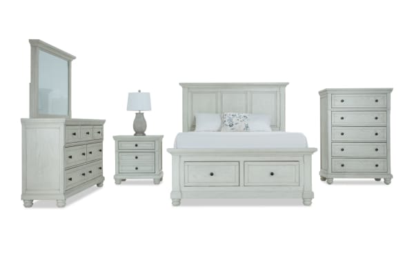 Portland 5 Piece King White Storage Platform Bedroom Set in traditional style with MDF and oak veneers. Includes panel bed with two underbed storage drawers, dresser with mirror, nightstand with pull-out tray and hidden drawer, and tall chest with lift-top jewelry tray. Features cedar-lined and felt-lined drawers, motion-activated LED lighting, power outlets, USB and USB-C ports. White finish with classic panel design from Portland Bedroom collection.
