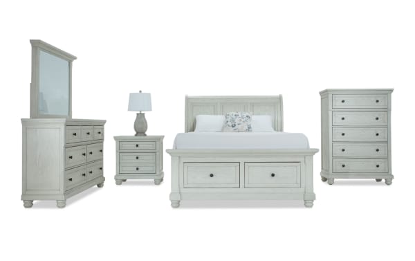 Portland 5 Piece Queen White Storage Sleigh Bedroom Set in traditional style, MDF and oak veneers, includes sleigh bed with underbed drawers, dresser with mirror, nightstand with pull-out tray, and chest with lift-top jewelry tray, featuring cedar-lined and felt-lined storage, motion-activated LED lighting, power outlets, USB and USB-C ports.