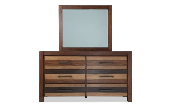 Rustic Tahoe Brown 6 Drawer Dresser & Mirror in solid pine with mixed wood tones, metal handles, cedar-lined bottom drawers, and felt-lined top drawers.