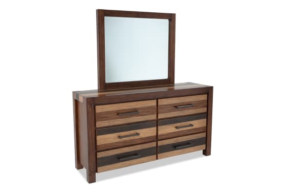 Rustic Tahoe Brown 6 Drawer Dresser & Mirror in solid pine with mixed wood tones, cedar-lined bottom drawers, and felt-lined top drawers from Tahoe Bedroom collection.