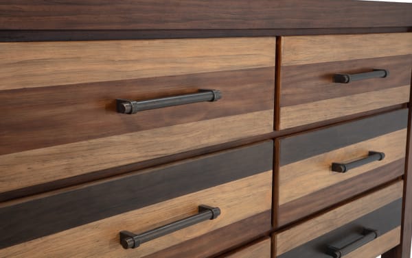 Rustic Tahoe Brown 6 Drawer Dresser in solid pine with mixed brown tones, metal handles, and a lakefront cabin style from the Tahoe Bedroom collection.