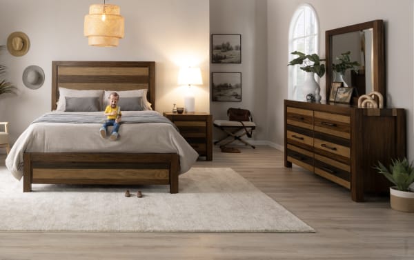 Rustic Tahoe King Brown Panel Bed from Tahoe Bedroom collection, solid pine with rich brown wood tones, paired with matching nightstand and dresser.