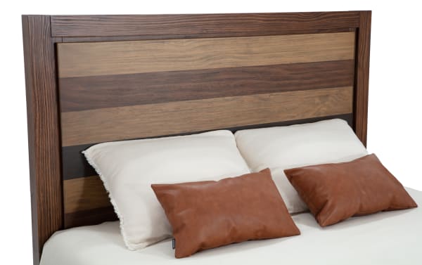 Rustic Tahoe King Brown Panel Bed headboard in solid pine with multi-tone brown wood grain, part of the Tahoe Bedroom collection, lakehouse style.