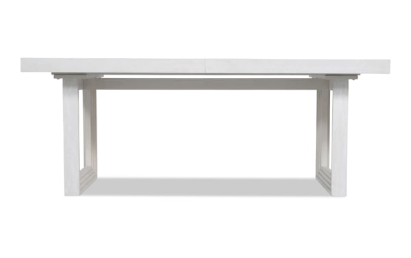 Contemporary Infinity White Extendable Dining Table with sturdy MDF, rubberwood, and oak veneers, featuring a sleek rectangular silhouette and open leg design.