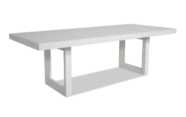 Contemporary Infinity White Extendable Dining Table with rectangular top, open rectangular legs, crafted from MDF, rubberwood solids, and oak veneers.