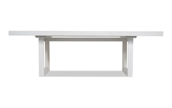Contemporary Infinity White Extendable Dining Table with clean lines, crafted from MDF, rubberwood solids, and oak veneers in a sleek white finish.