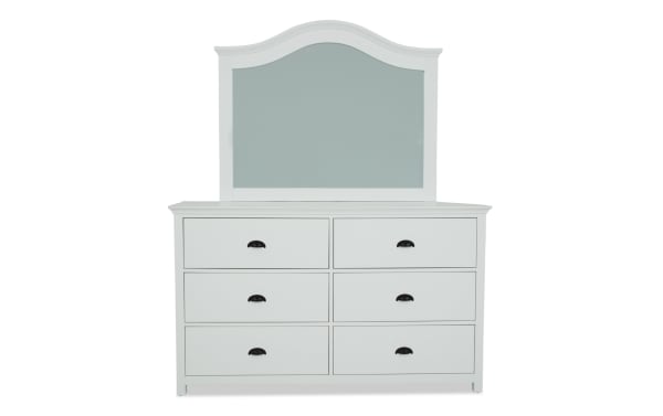 Newport White 6 Drawer Dresser & Mirror from Newport Bedroom collection, transitional style, made of MDF, rubberwood solids, and particle board, featuring six spacious white drawers with black cup handles and an arched framed mirror.