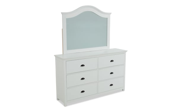Newport White 6 Drawer Dresser & Mirror in transitional style, made of MDF, rubberwood solids, and particle board, with black cup handles and arched mirror.