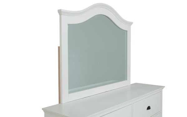 Newport White 6 Drawer Dresser & Mirror from Newport Bedroom collection, transitional style in white MDF, rubberwood solids, and particle board with curved top mirror and six spacious drawers for organized storage.