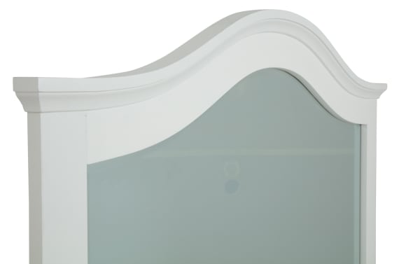 White Newport Bedroom transitional style mirror with curved top frame, made of MDF, rubberwood solids, and particle board, complements the 6 Drawer Dresser.