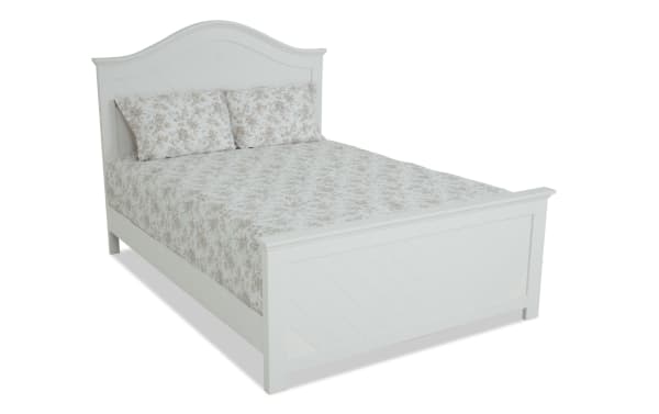 Newport Full White Panel Bed from Newport Bedroom collection, featuring transitional chevron design on headboard and footboard, made of MDF, rubberwood solids, and particle board.