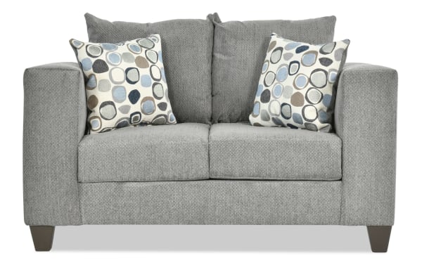Emma Gray 62'' Loveseat with gray polyester fabric upholstery, transitional style, track arms, and two patterned accent pillows for added comfort.