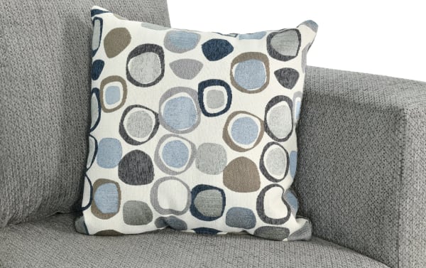 Gray Emma Gray 62'' Loveseat with polyester fabric upholstery, transitional style, track arms, and a patterned accent pillow for added comfort.