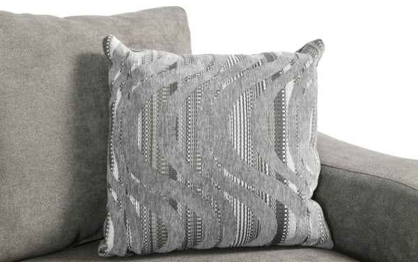 Charcoal gray Lucas Charcoal 61'' loveseat with soft polyester fabric upholstery, transitional style, slope arms, and a textured gray accent pillow.