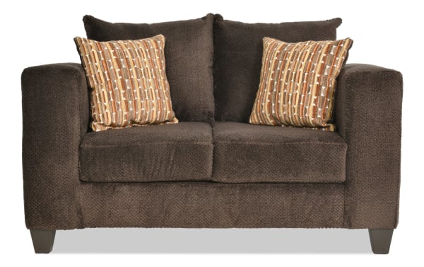 Noah Espresso 61'' Loveseat in brown polyester fabric with track arms, transitional style, and two patterned accent pillows for cozy seating.
