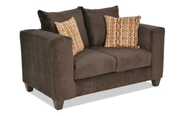 Noah Espresso 61'' Loveseat in brown polyester fabric with transitional style, track arms, and two patterned accent pillows for cozy seating.