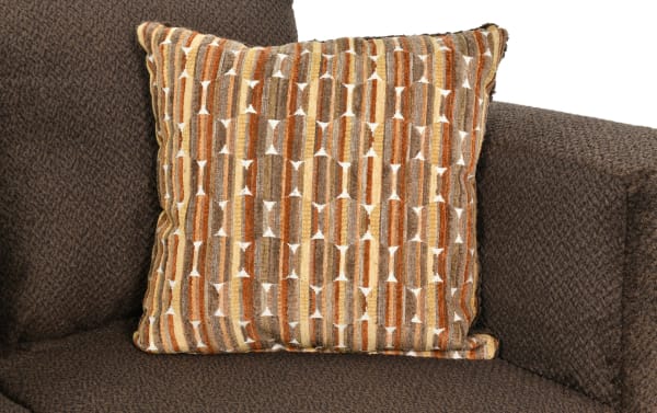 Noah Espresso 61'' Loveseat with brown polyester fabric upholstery, transitional style, track arms, and a patterned accent pillow for cozy charm.