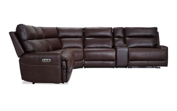 Rodeo Brown 146'' power reclining 6-piece sectional in brown polyester fabric with transitional style, USB and USB-C ports, memory foam cushions, and cup holders.