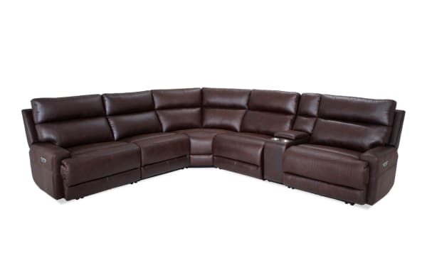 Rodeo Brown 146'' transitional 6-piece power reclining sectional in brown polyester fabric with memory foam, USB & USB-C ports, and cup holders.
