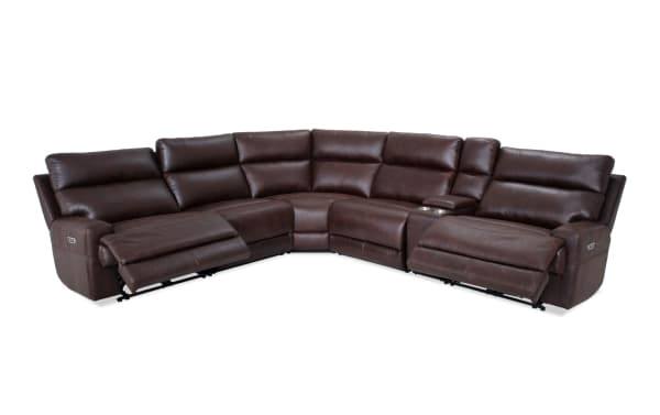 Rodeo Brown 146" transitional 6-piece sectional in brown polyester fabric with power reclining seats, USB & USB-C ports, memory foam cushions, and cup holders.