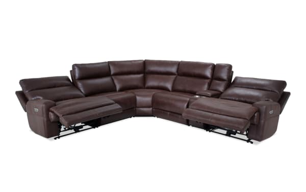 Rodeo Brown 146'' power reclining 6-piece sectional in brown polyester fabric, transitional style with memory foam, USB & USB-C ports, and cup holders.