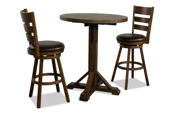 Iris 3 Piece Brown Upholstered Adjustable Height Round Dining Set with swivel faux leather stools, transitional style, MDF and oak veneers.