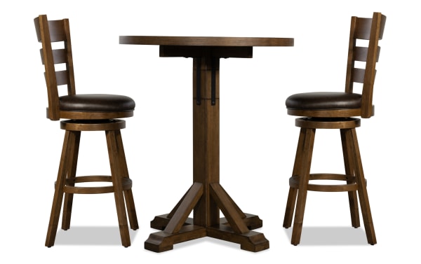 Iris 3 Piece Brown Upholstered Adjustable Height Round Dining Set with swivel faux leather stools, MDF and oak veneer table, transitional style.