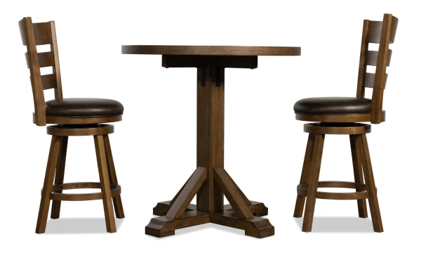 Brown Iris 3 Piece Upholstered Adjustable Height Round Dining Set with swivel faux leather stools, pedestal table, transitional style, MDF and oak veneers.
