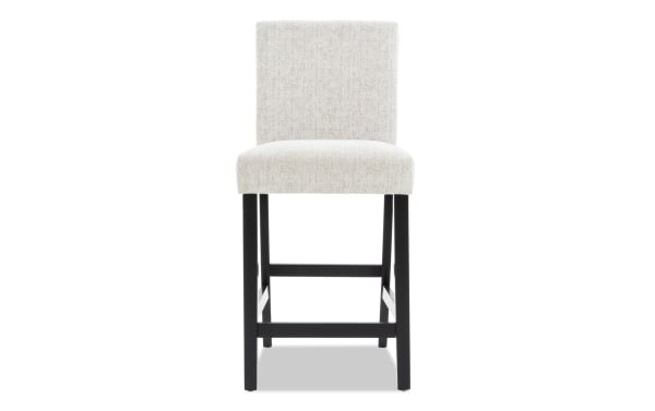 Contemporary Luna Dining upholstered counter height stool in gray polyester fabric with solid back and sturdy black MDF frame.