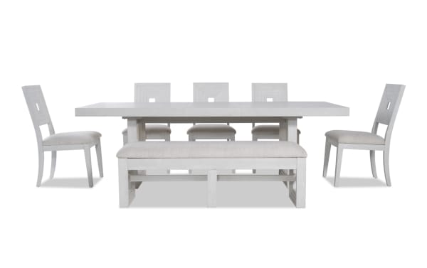 Contemporary Infinity 7 Piece White Upholstered Dining Set with extendable table, polyester fabric chairs, and storage bench in MDF, rubberwood, oak veneers.