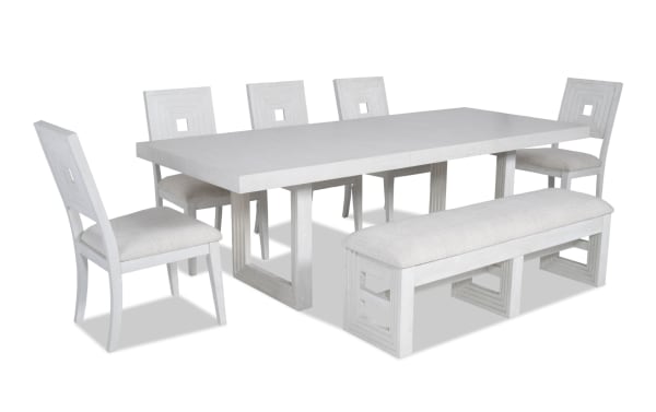 Contemporary Infinity 7 Piece White Upholstered Dining Set with extendable MDF, rubberwood, oak veneer table, polyester fabric chairs, and storage bench.