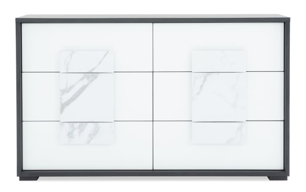 Contemporary Milan Gray & White 6 Drawer Dresser from Milan Bedroom collection, MDF with faux marble drawer accents and felt-lined top drawers.